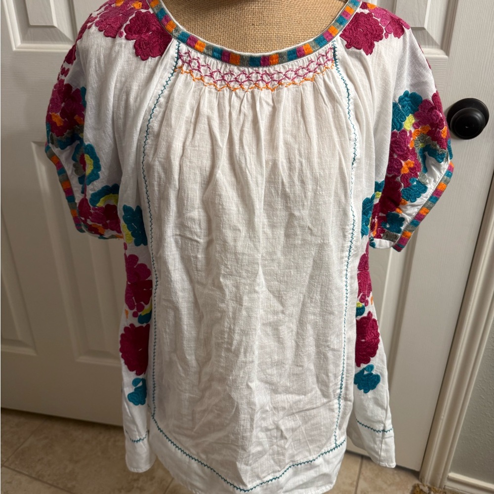 Anthropologie White Blouse with Pink and Blue Embroidery
